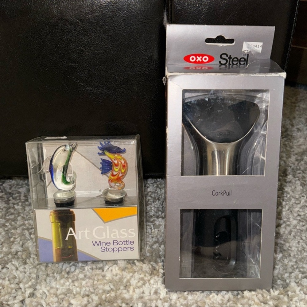 Oxo Steel CorkPull and Art Glass Wine Bottle Stoppers